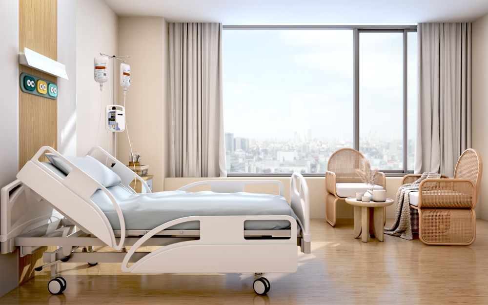 Modern hospital room with a hi-low adjustable bed in Houston, TX